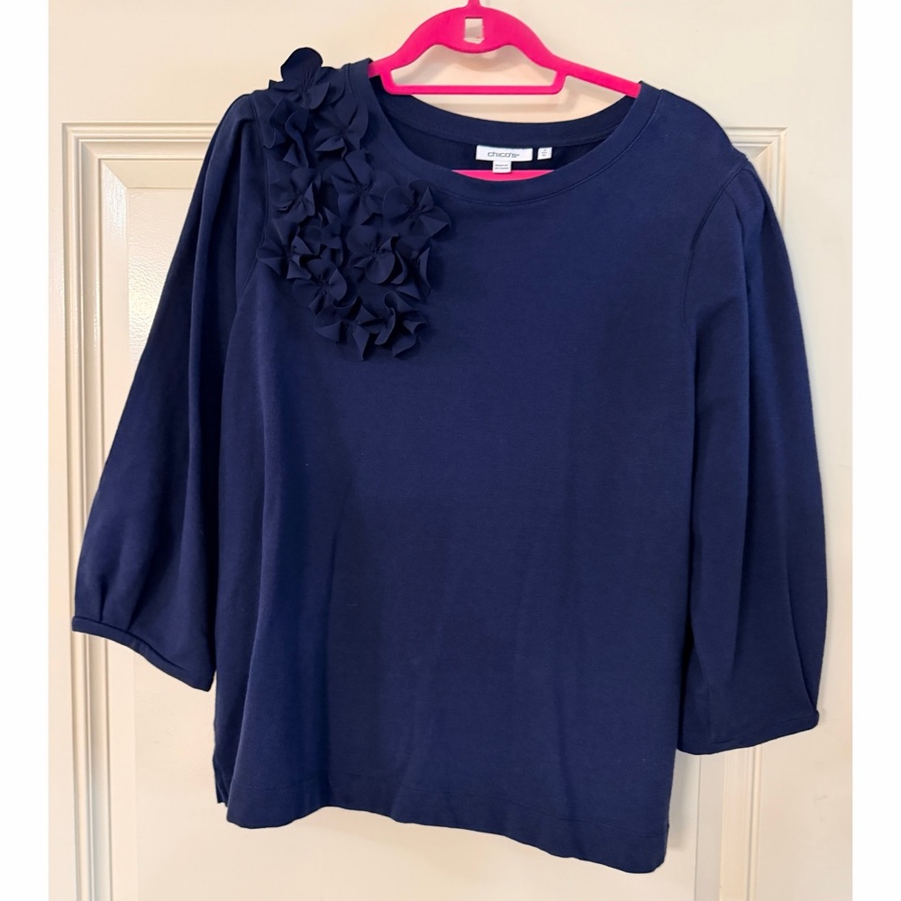 Chico's Navy Long-Sleeve Tee with Floral Shoulder Appliqué